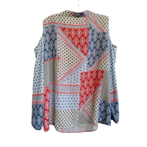 Chico's‎ Bohemian Elements Cold-Shoulder Tie-Neck Top Blue/ Red Scarf 2 L/12 - Picture 8 of 11